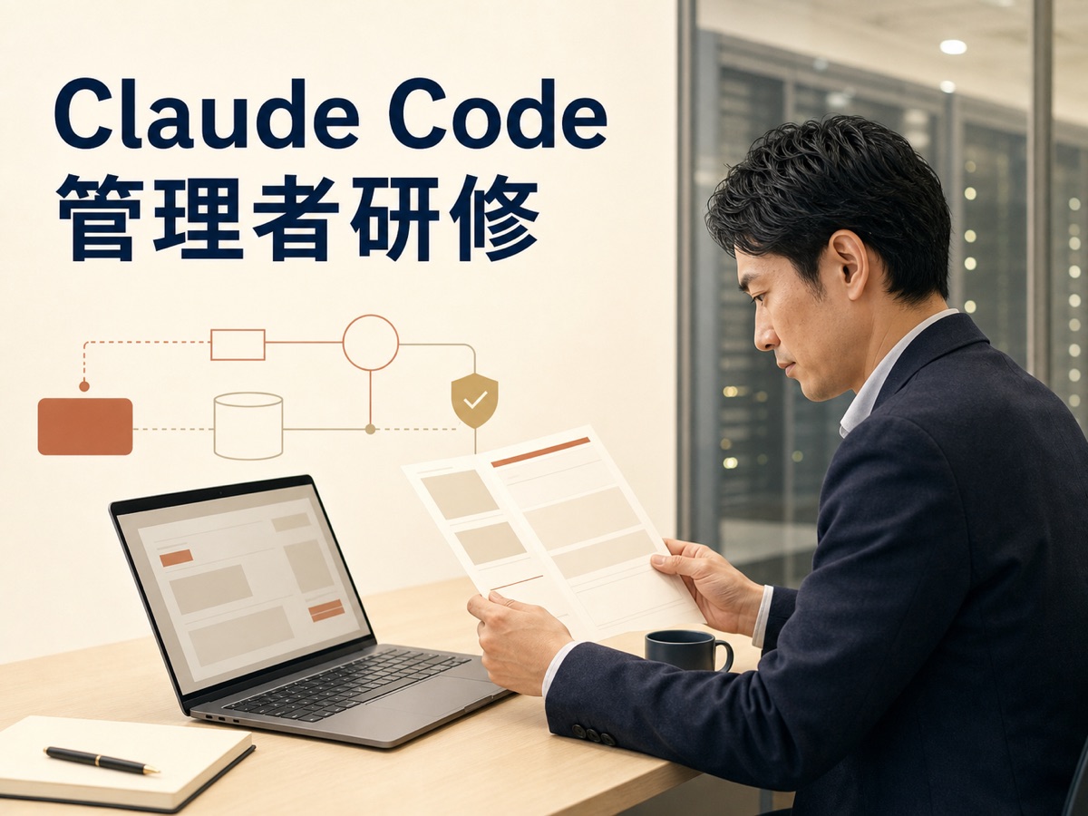 Claude Codeの管理設定を検討する情シス担当者が、配布設定の一覧を印刷した資料とノートパソコンを見比べている様子