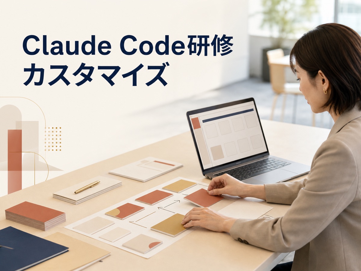 Claude Code研修のカスタマイズを検討する担当者が、机の上で業務工程のカードを並べ替えて教材の題材を組み立てている様子