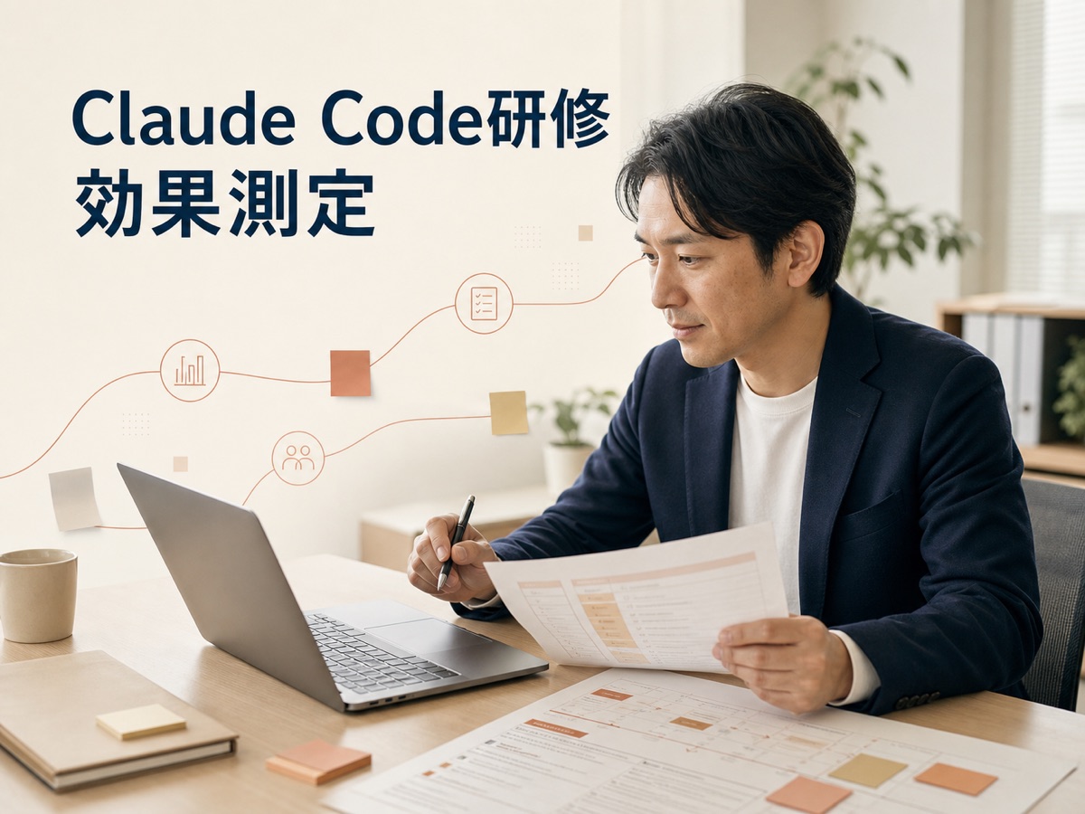 Claude Code研修の効果測定として、業務時間と差戻し件数の前後比較表を確認する研修担当者と管理職