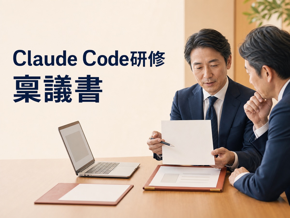 Claude Code研修の稟議書の項目と添付資料を会議室で確認する起案担当者と決裁者