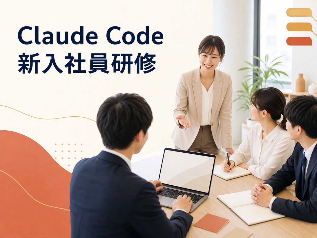新入社員向けClaude Code研修で、指導役の社員が新人3名にノートパソコンを使った演習の進め方を説明している様子