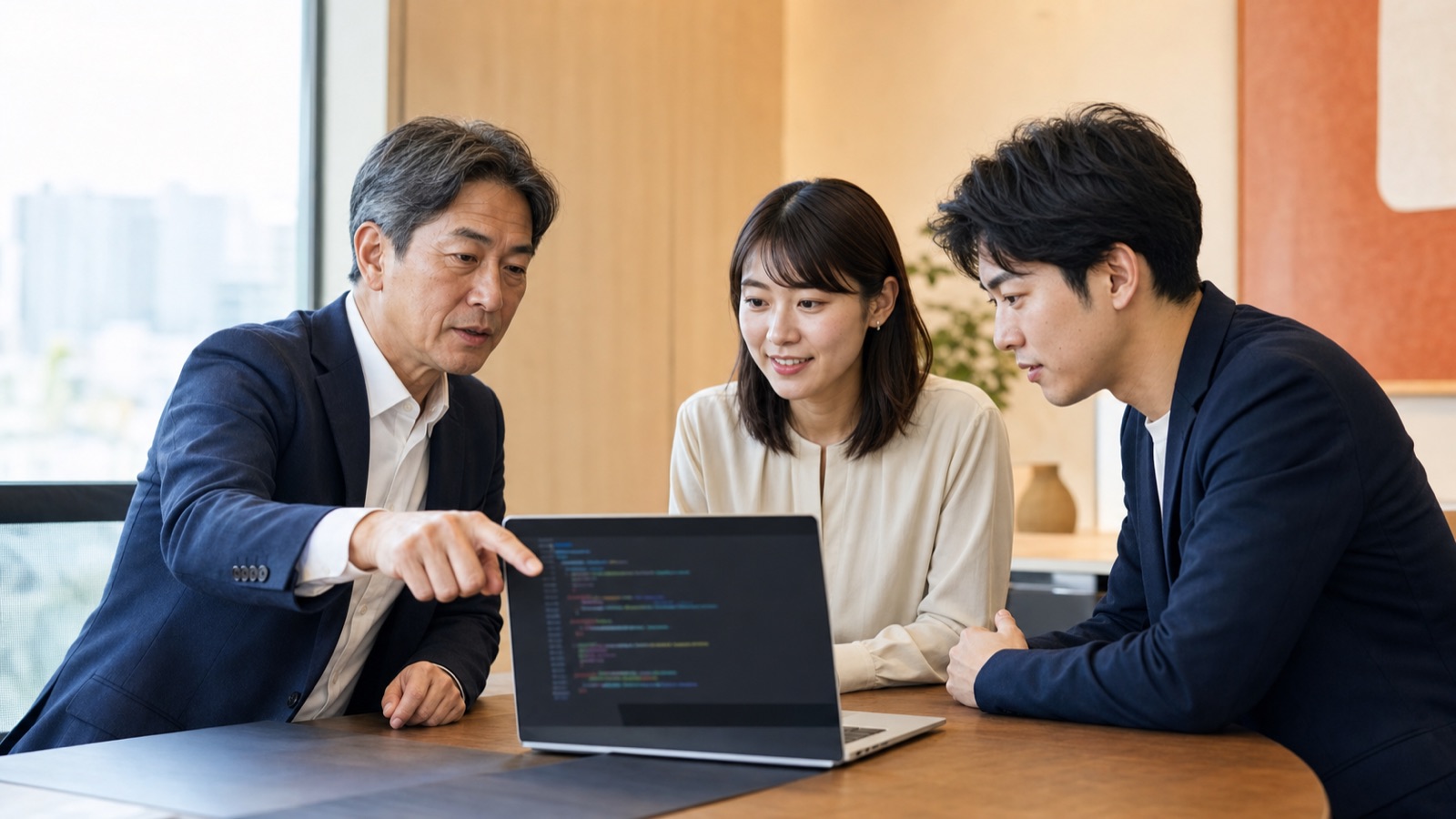 Claude Codeの画面を囲んで業務の自動化を検討する経営者と社員